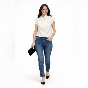 Rebecca Minkoff Ivory Mandarin Collar Cap Sleeve Blouse with Button-Front Detail